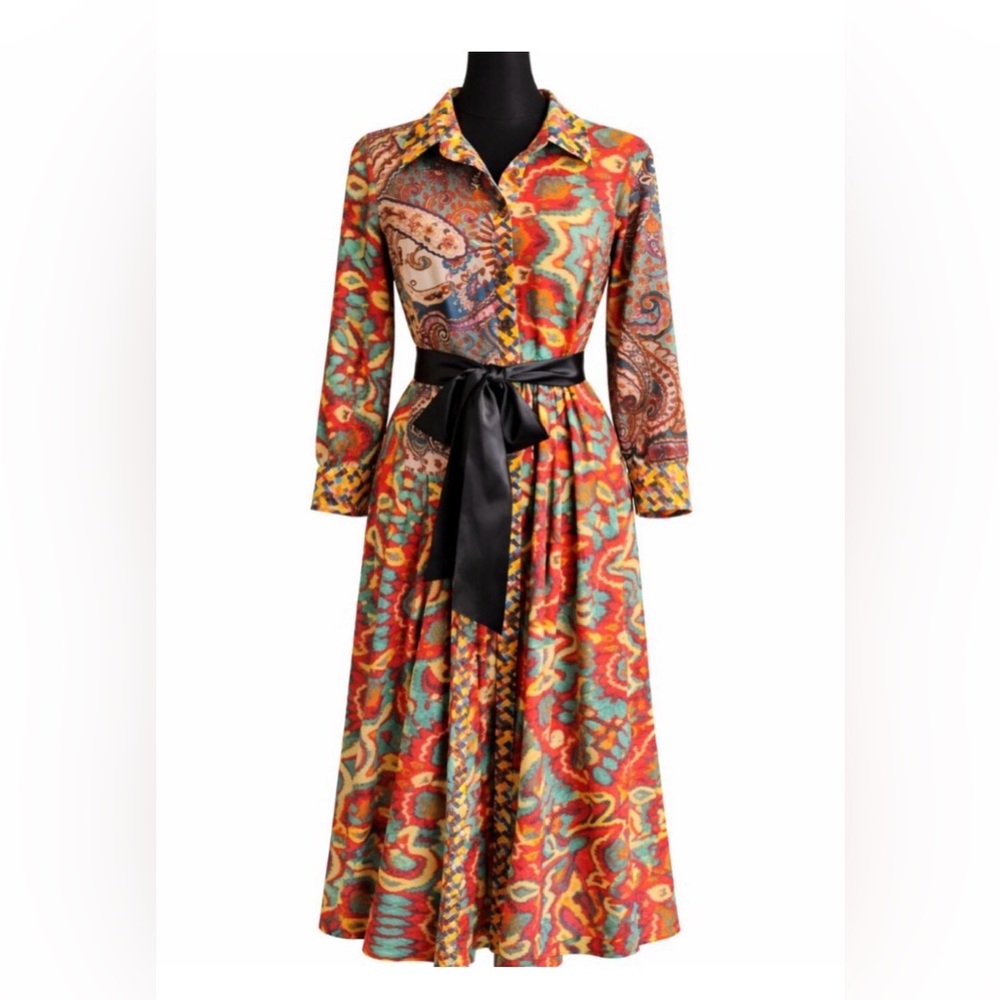 Anthro Current Air Paisley Button Down Midi Dress M Box Pleat Long Sleeve